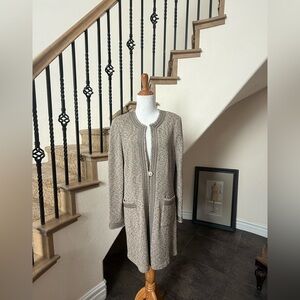 ST JOHN COLLECTION Santana Knit Tweed Jacket Beige Brown Long Cardigan Blazer